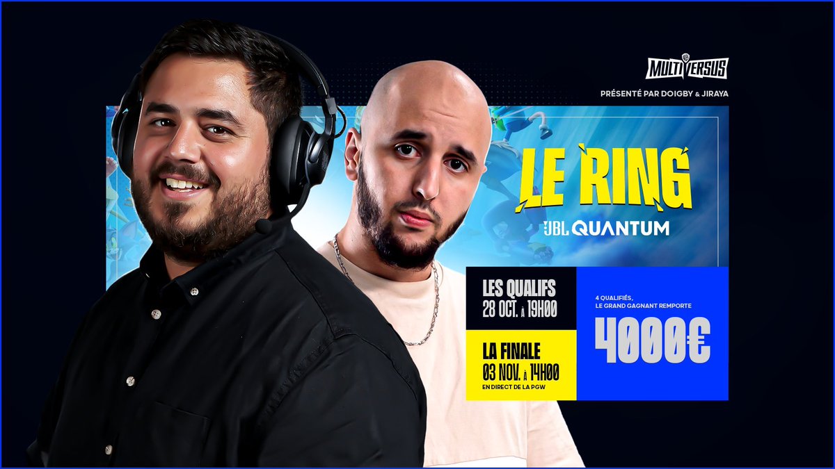 MultiversusFR's tweet photo. Demain à 14h c'est #LeRing présenté par @Doigby et @Jirayalecochon en direct de la PARIS GAMES WEEK, les 4 joueurs qualifiés vont se faire face pour tenter de gagner 4000 euros sur la scène de JBL Quantum ! 

En espérant vous y voir nombreux #MultiVersus https://t.co/R98enOYo9x
