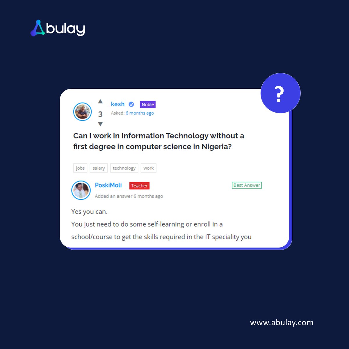TalktoAbulay's tweet photo. How can I get a Job in IT without a degree in Computer Science?

Engage with Abulay - https://t.co/7FrxMEAsev

#abulay #abulayquetions #it #degree #jobs https://t.co/LWaI8XAHDV
