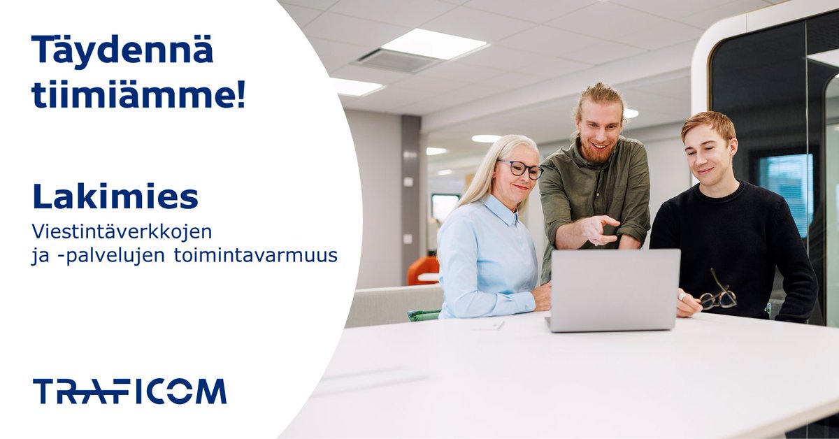 CERTFI's tweet photo. Etsimme kahta lakimiestä!

Tehtävässä huolehdit viestintäverkkojen ja -palvelujen toimintavarmuuden, häiriöiden hallinnan, varautumisen sekä hätäliikenteen toteuttamisen ohjauksesta ja valvonnasta. 

Jätä hakemus viimeistään 14.11.
👉 https://t.co/XAltfGOrkk

 #rekry #valtiollefi https://t.co/u5E7QMdYAG