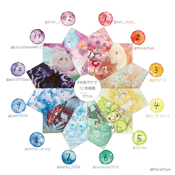 #水彩ポケで12色相環みなさまのご協力のもと、素敵な水彩色相環が完成いたしました!本当にありがとうございましたタグより、参加者さまのイラストをぜひご覧ください!※2番(赤みの橙)・ワタシラガを担当いたしました。 
