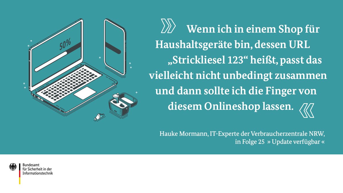 BSI_Bund's tweet photo. Fake-Shops zu erkennen ist oft nicht leicht. Deshalb gibt euch IT-Experte Hauke Mormann in der neuen Folge von "Update verfügbar" wichtige Tipps, damit ihr auch in Zukunft sicher online shoppen könnt.

🎧 Folge #25: https://t.co/kw6KE1tmT7
@vznrw
#DeutschlandDigitalSicherBSI https://t.co/7dkDTzOkjn