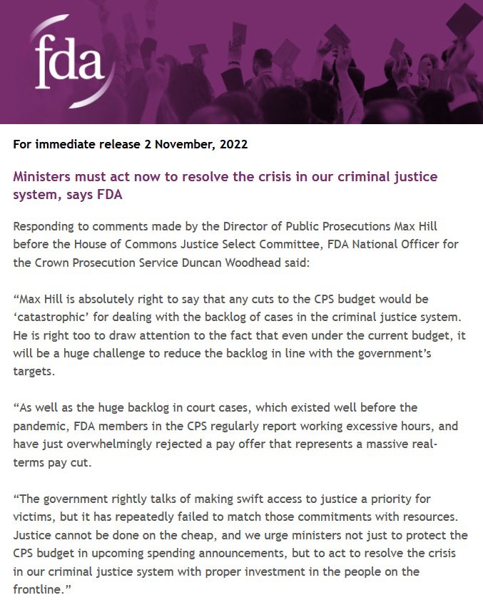 “FDA members in the CPS regularly report working excessive hours, and have just overwhelmingly rejected a pay offer that represents a massive real-terms pay cut.”

Duncan Woodhead calls for the government to finally act to resolve the crisis in the criminal justice system:
