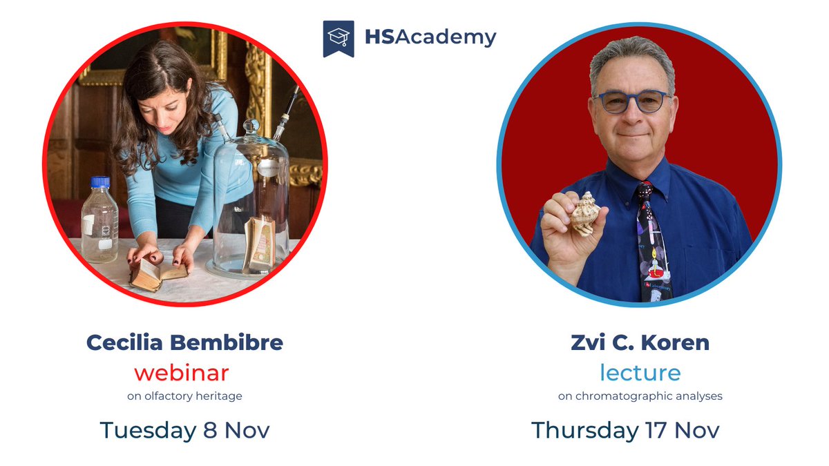 In November 2022, two #HSAcademy events are coming!
Nov 8th, webinar on olfactory heritage, register here bit.ly/3zhO9oo 
Nov 17th, lecture on chromatographic analyses, register here: bit.ly/3Ug2OZh
Save the dates and learn with us more about #heritagescience