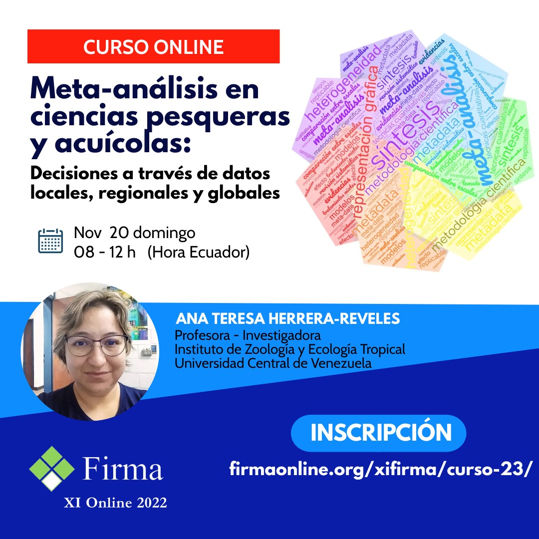 Curso online: Meta-analisis en ciencias pesqueras. Para mayor información e inscripciones, pueden visitar el siguiente enlace: firmaonline.org/xifirma/curso-…