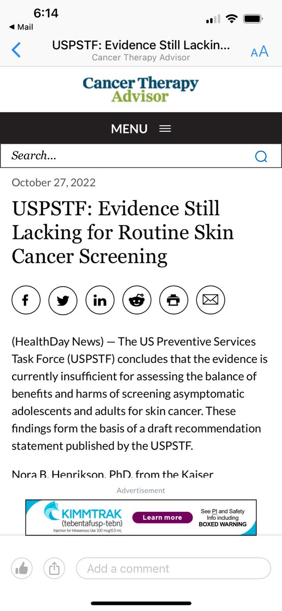 As a scientist,I get it. As a person who unknowingly had a basal cell carcinoma on her face for a year at age 28…I would have loved to get a skin check sooner and potentially reduce the size of my MOHS scar. No mortality benefit, sure, but what about morbidity? #skincare