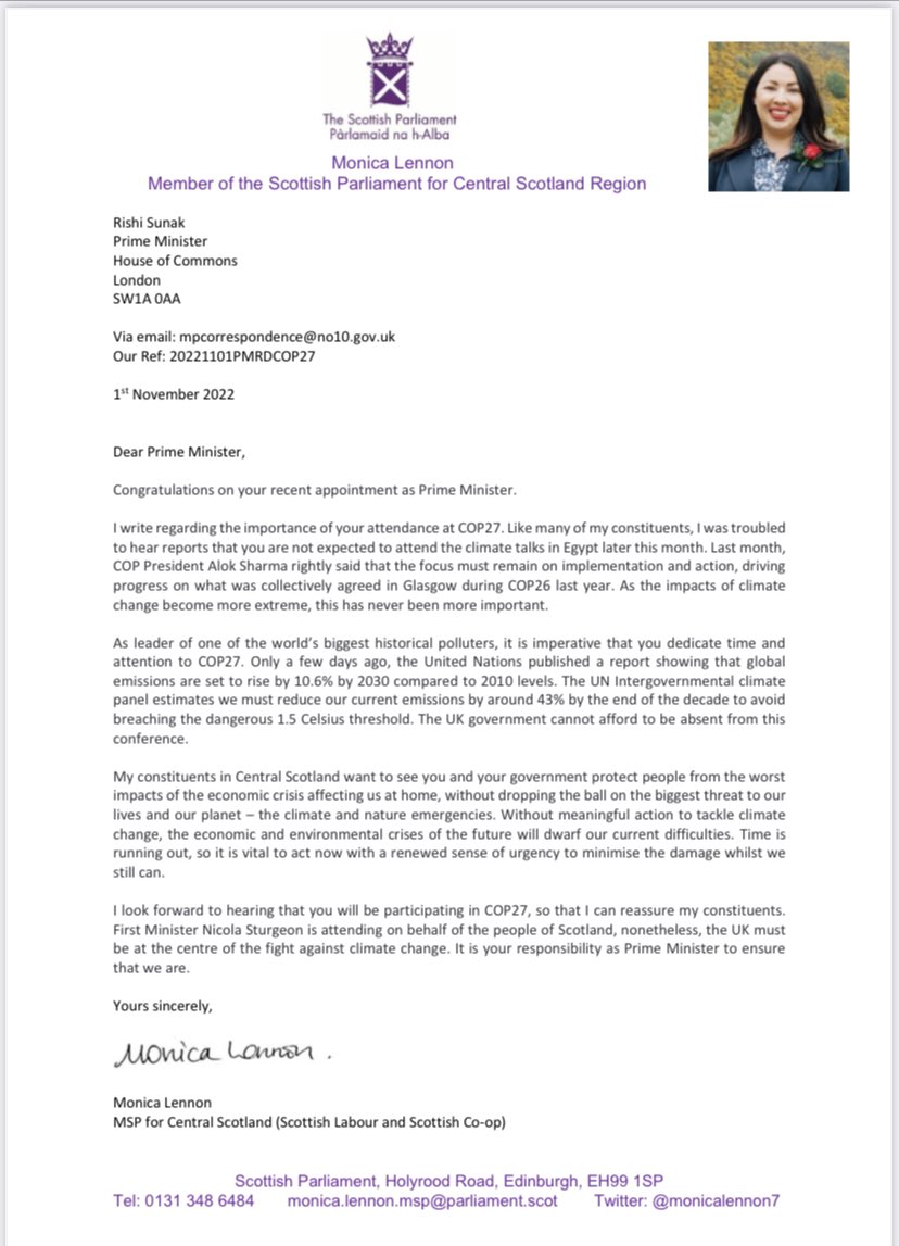 MonicaLennon7's tweet photo. I wrote to Rishi Sunak on behalf of my Central Scotland constituents asking him to attend #COP27 in Egypt.

The Prime Minister’s U-turn is welcome. He must meaningfully engage in the climate summit and his Tory government must #StopJackdaw #StopCambo and #StopRosebank https://t.co/qEzJiysHw5