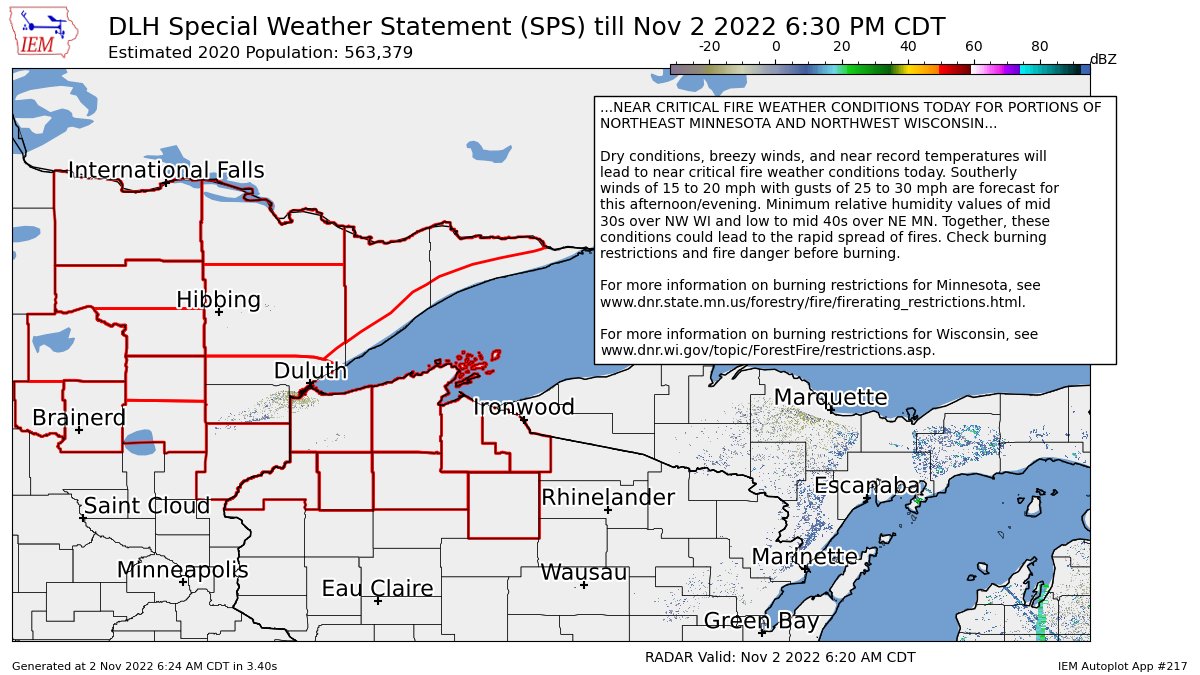 NEAR CRITICAL FIRE WEATHER CONDITIONS TODAY FOR PORTIONS OF NORTHEAST MINNESOTA AND NORTHWEST WISCONSIN for Carlton/South St. Louis, Central St. Louis, Crow Wing, Koochiching, North Cass, North Itasca, North St. Louis, Northern Aitki... till 6:30 PM CDT https://t.co/HMyUzup8U6 https://t.co/ZWfDAFAeO6