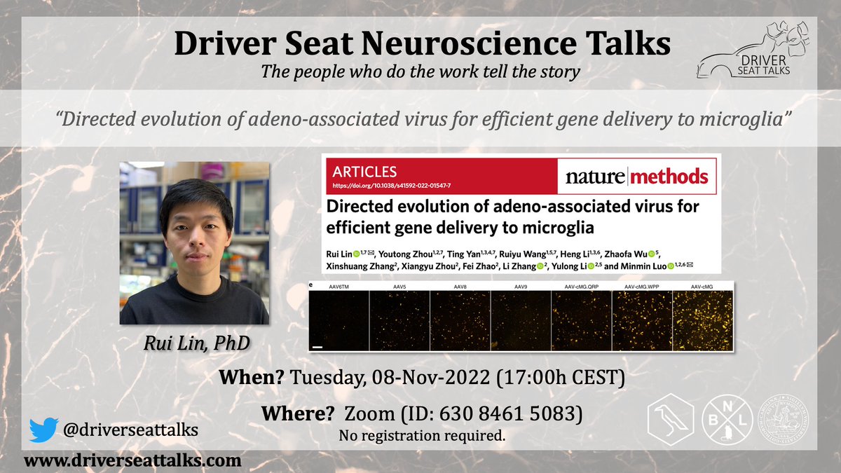 Driver Seat Talks (@driverseattalks) on Twitter photo Next week, we welcome Rui Lin from the Minmin Luo lab at NIBS into the driver seat, presenting his <a href="/naturemethods/">Nature Methods</a> paper on microglia-directed AAVs! 🧠
Join us Tuesday 08-November-2022, 17:00h CEST/11:00h EDT!
#neuroscience #OpenScience #ScienceTwitter Next week, we welcome Rui Lin from the Minmin Luo lab at NIBS into the driver seat, presenting his <a href="/naturemethods/">Nature Methods</a> paper on microglia-directed AAVs! 🧠
Join us Tuesday 08-November-2022, 17:00h CEST/11:00h EDT!
#neuroscience #OpenScience #ScienceTwitter