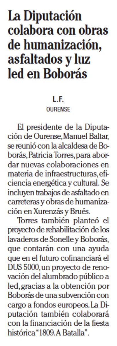 🗞 <a href="/FaroOurense/">Faro Ourense</a> 
 A Deputación colaborará co @ConcelloBoborAs na mellora das infraestruturas, a eficiencia enerxética e no ámbito cultural
<a href="/ManuelBaltar/">Manuel Baltar</a> @PatriciaBoboras 
farodevigo.es/ourense/