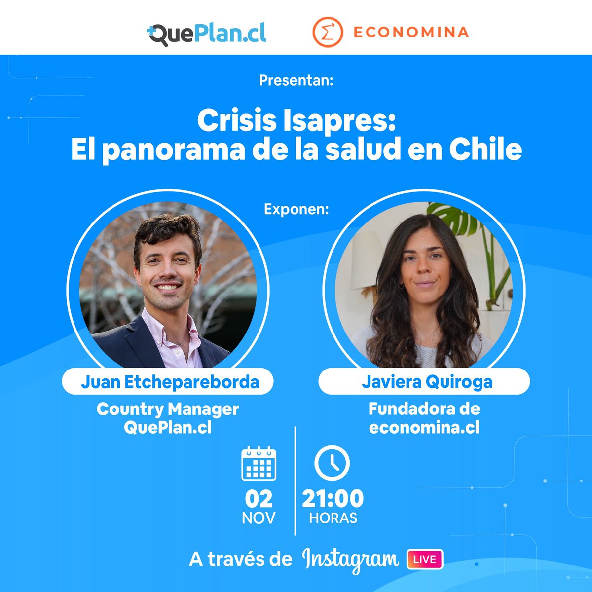 QuePlanCl's tweet photo. Si te interesa profundizar sobre el estado actual de las Isapres y el sistema de salud en Chile, este live es para ti. Te invitamos a unirte hoy a las 21:00 a la conversación entre Juan Etchepareborda y Javiera Quiroga donde abordarán todos los detalles.
#queplancl #salud #chile https://t.co/noX8tAcelr