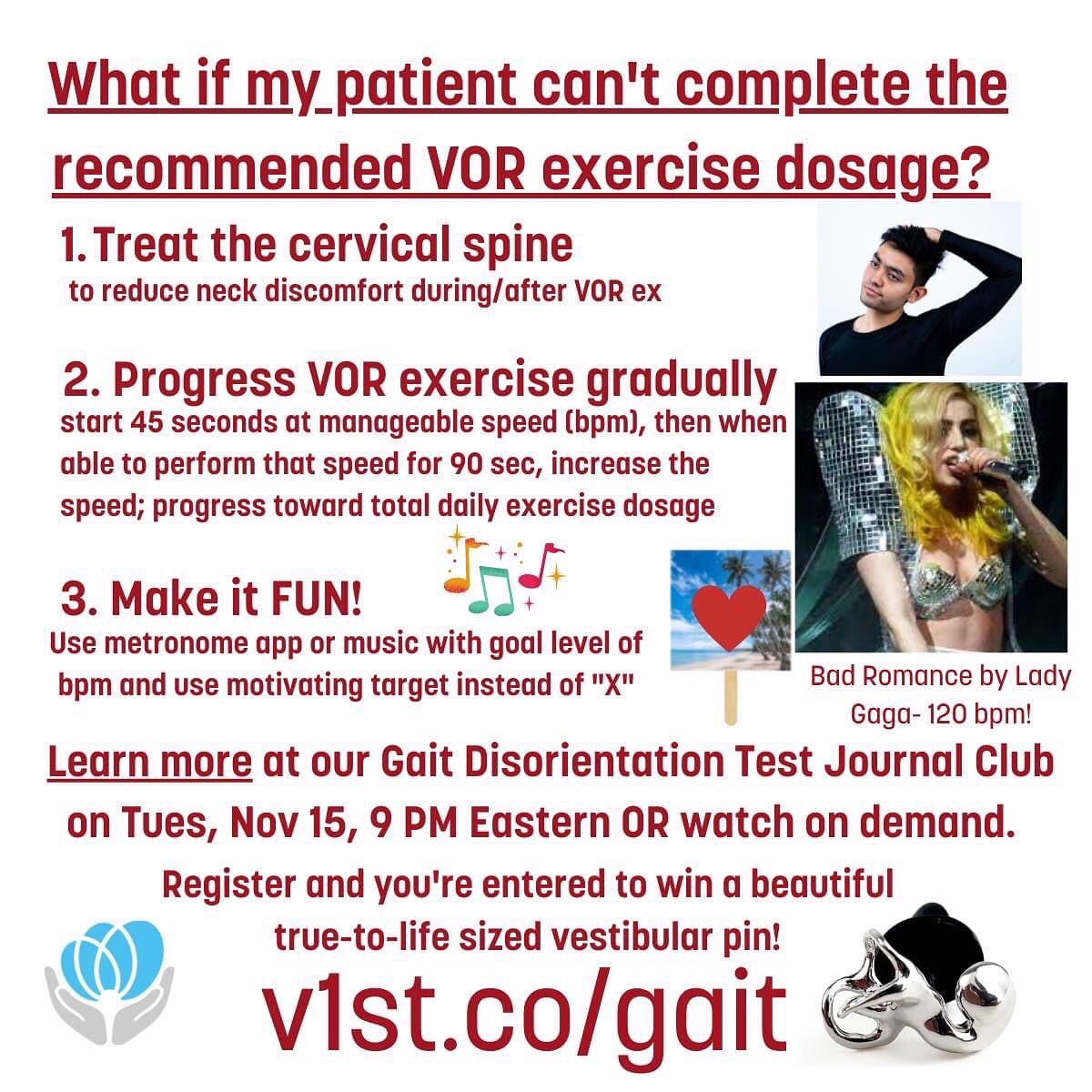 VestibularFirst's tweet image. What do Bad Romance by Lady Gaga, Cracklin' Rosie by Neil Diamond, and It's My Life by Bon Jovi all have in common? They're ~120 bpm, ideal for VOR. Learn more at Journal Club (watch live or on-demand - always recorded!) by registering at v1st.co/gait! #vertigo #dance