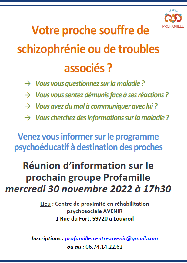 crehpsyhdf's tweet photo. 📢 Soirée d'information #Profamille par le Centre de proximité en réhabilitation psychosociale AVENIR @ORPEA_
🎯 Il s'agit d'un prog. de psychoéducation destiné aux familles et proches de patients souffrant de schizophrénie
📅 30/11 à 17h30
📍 Louvroil
https://t.co/GOkabyoyE9 https://t.co/jetpLUUKUw