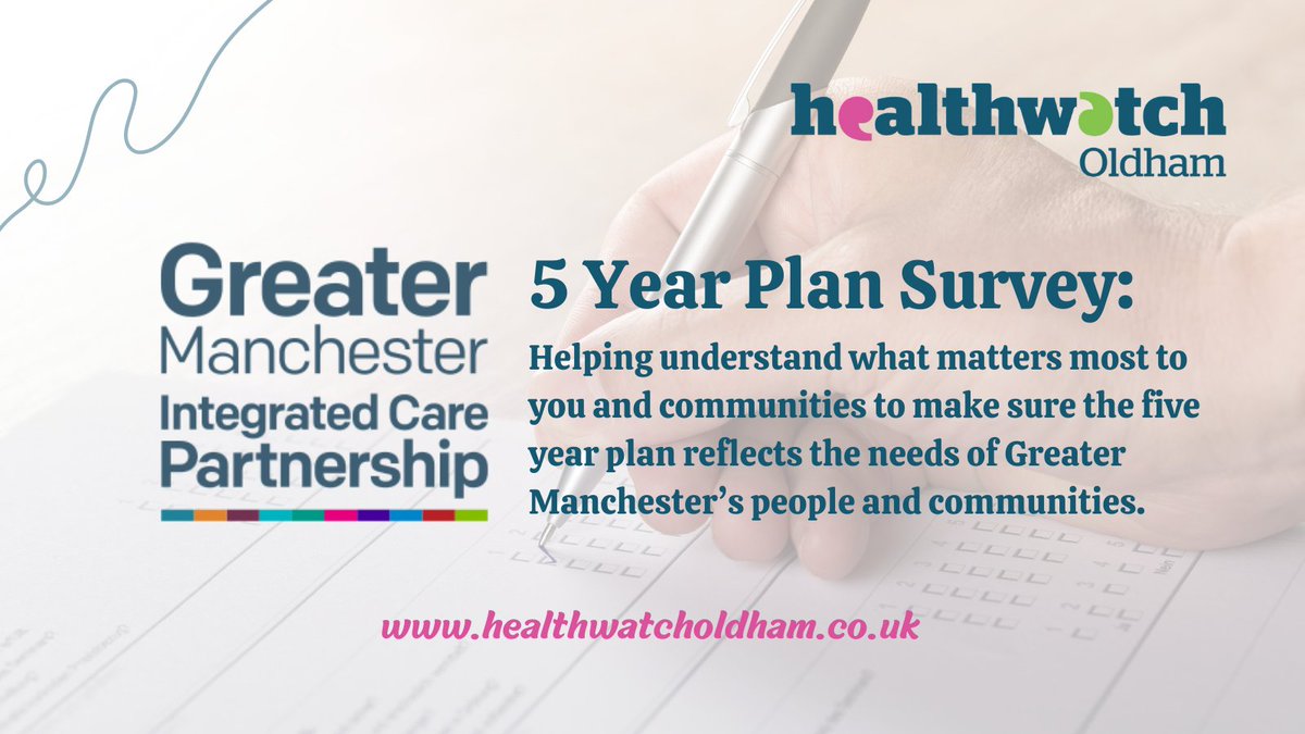 .@GM_ICP would like to understand what matters most to people and communities to make sure the five-year plan reflects the needs of Greater Manchester’s people and communities. 

Complete this survey to tell us what matters most to you:
healthwatcholdham.co.uk/gm-integrated-…