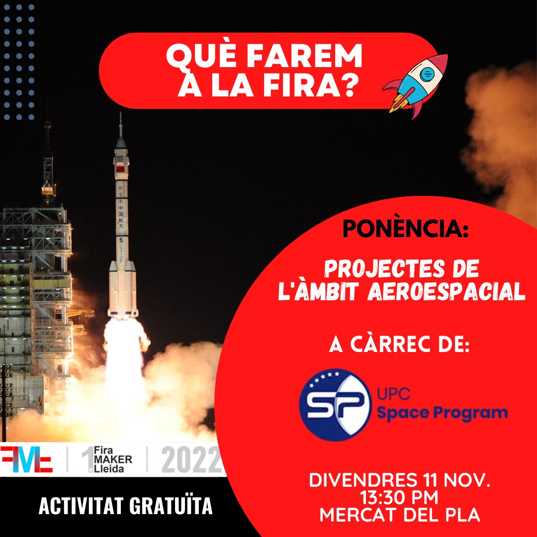 firamakerlleida's tweet photo. 😃🚀 Si et criden l'atenció els cohets, no et perdis la ponència de Projectes de l'àmbit aeroespacial! A càrrec de UPC Space Program 🛰

🕐 Divendres 11 de novembre a les 13:30 pm al Mercat del Pla.

😎 Activitat totalment Gratuïta. https://t.co/Bhpt8XDIGn