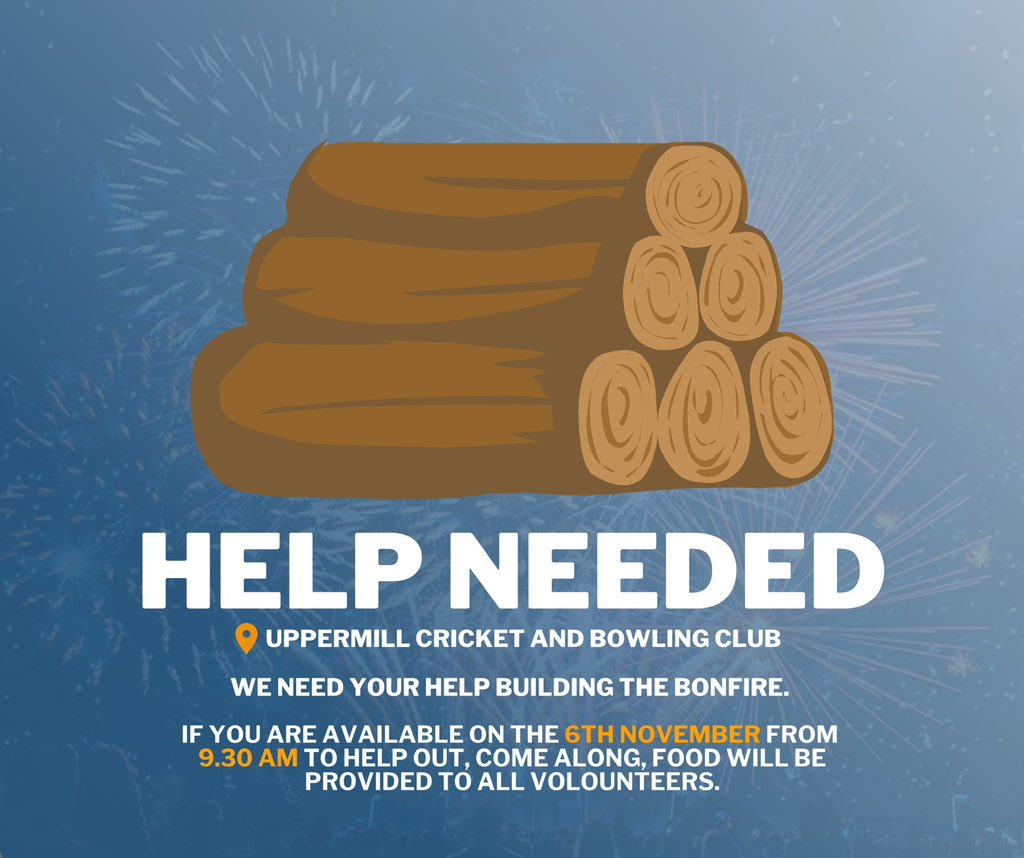 🗓️ 4 days to go…

🔥 We need YOUR help to make this bonfire a success, we are asking for any volunteers who are available on Sunday 6th November for a couple of hours, from 9:30am to help build the bonfire.

🥪 Hot food and drink will be provided to all volunteers.

Thankyou!