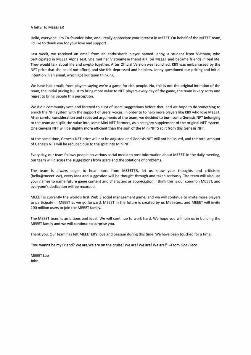 📢The Decision Of Adding MEEET MINI NFT!

MEEET has received a lot of feedback from users in the past, and we want to hear more from the community. 

Genesis NFT price will not be adjusted and Genesis NFT will not be issued.

From MEEET Founder👇
medium.com/@MEEET/a-lette…

#NFT