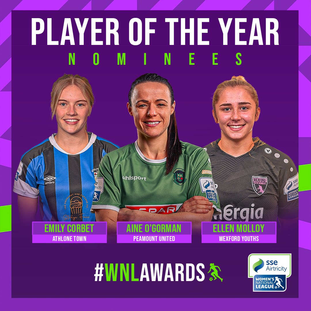 And the nominees for the 2022 @sseairtricity #WNL Player of the Year are... 🟣 @emilycorbet1 (Athlone Town) 🟣 @Aineogor9 (Peamount United) 🟣 @ellenmolloy7 (Wexford Youths) *𝘞𝘪𝘯𝘯𝘦𝘳 𝘵𝘰 𝘣𝘦 𝘢𝘯𝘯𝘰𝘶𝘯𝘤𝘦𝘥 𝘰𝘯 𝘕𝘰𝘷𝘦𝘮𝘣𝘦𝘳 24𝘵𝘩