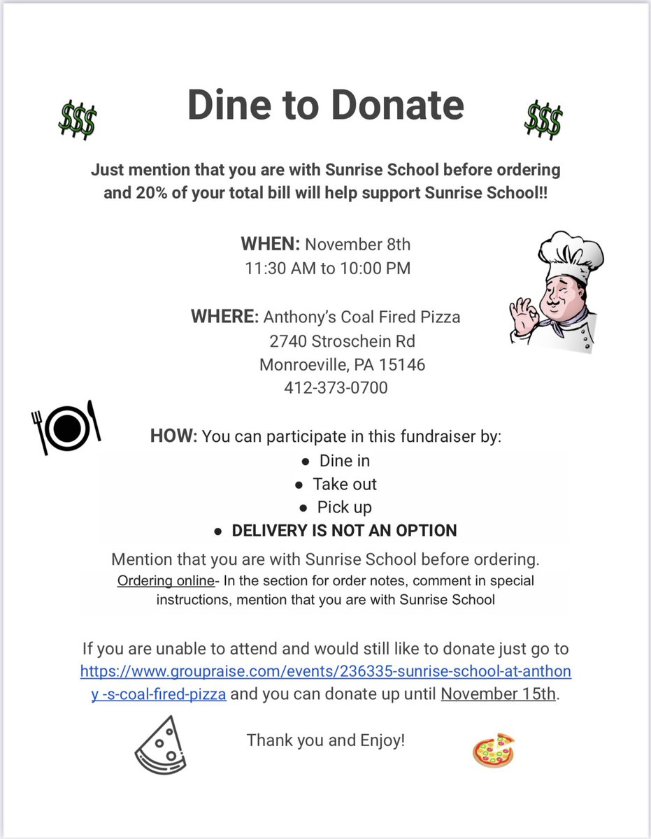 Do you love pizza??? Help us out by ordering from Anthony’s Coal Fired Pizza on November 8th and mentioning Sunrise School!! 🍕