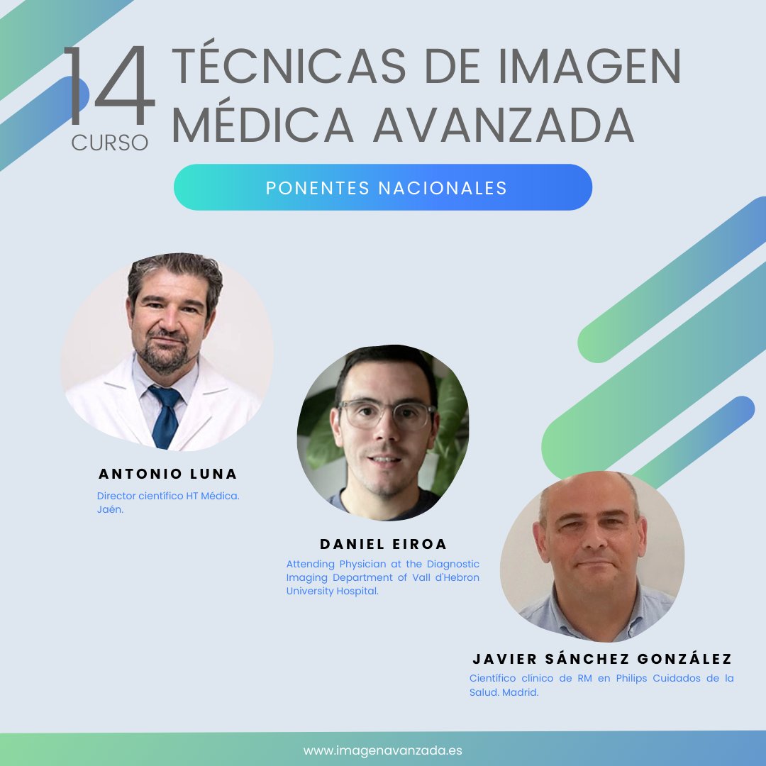 HTmedica's tweet photo. 🔍Os presentamos al cuerpo docente nacional de 14º CURSO DE IMA :
•Dr. Antonio Luna Alcalá. @Alunaalcala 
•Dr. Daniel Eiroa. @eiroamd 
•Dr. Javier Sánchez González.
👉Información del curso e inscripciones en https://t.co/38iP1opkZE
#HTMédica #médicoradiólogo #radiología #salud https://t.co/XHUhgQrU61