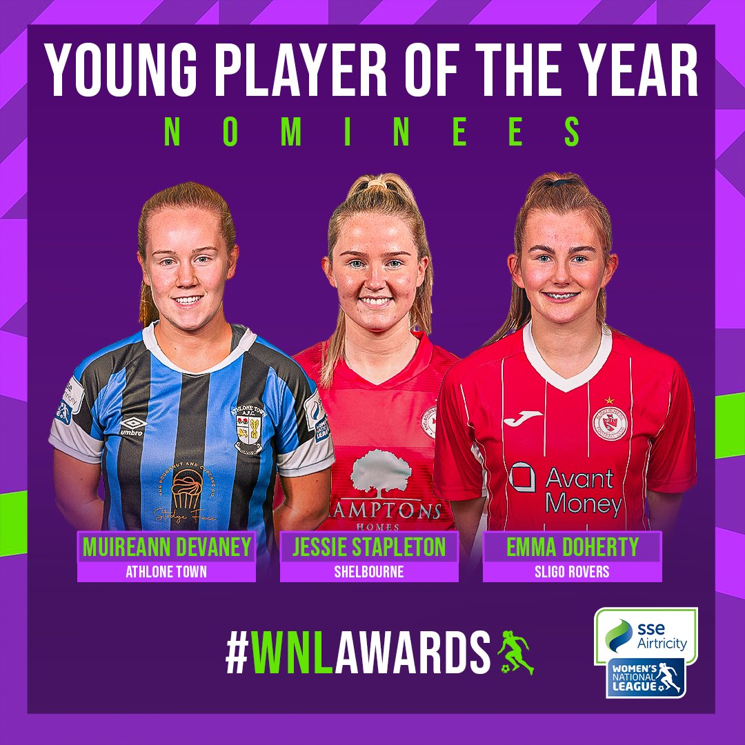 Here are the nominees for the 2022 @sseairtricity #WNL Young Player of the Year 🟣 @MuireannDevaney (Athlone Town) 🟣 @JessStapleton_ (Shelbourne) 🟣 @emmadoherty2004 (Sligo Rovers) *𝘞𝘪𝘯𝘯𝘦𝘳 𝘵𝘰 𝘣𝘦 𝘢𝘯𝘯𝘰𝘶𝘯𝘤𝘦𝘥 𝘰𝘯 𝘕𝘰𝘷𝘦𝘮𝘣𝘦𝘳 24𝘵𝘩