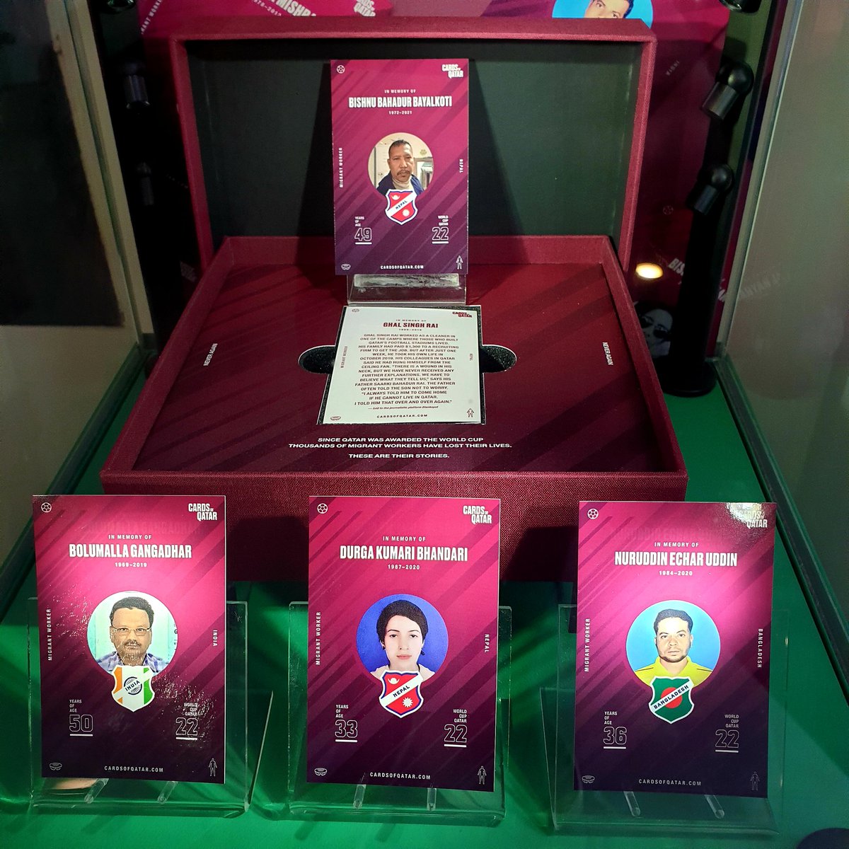 FootballMuseum's tweet photo. CARDS OF QATAR 🇶🇦

We are proud to display the @CardsOfQatar project at the entrance of our Play Gallery.

Each card tells the story of a migrant worker who lost their life in Qatar.

Learn more of these stories at https://t.co/gcZYtjbA1Y https://t.co/OccbBfZEoQ