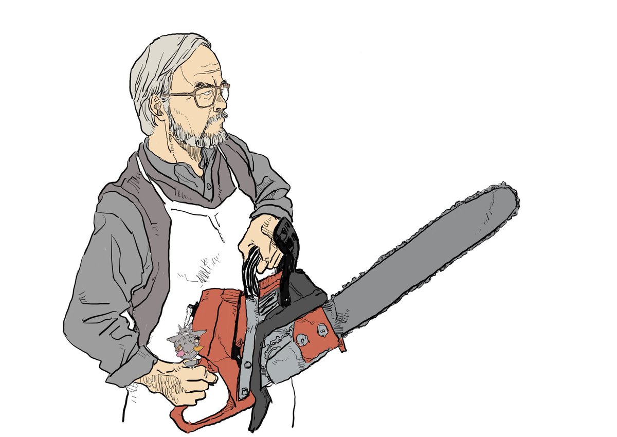 chainsaw glasses 1boy facial hair white background male focus grey hair  illustration images