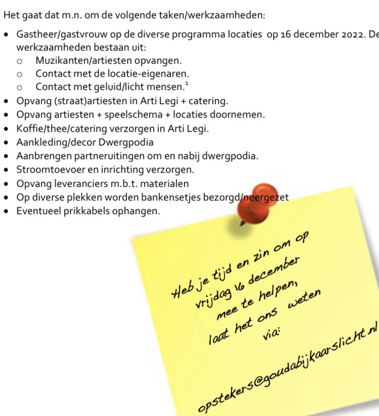 Kom jij ons 16 december helpen om van #GoudaBijKaarslicht een succes te maken? We zoeken nog vrijwilligers/Opstekers! Geïnteresseerd? Kom maandag 28 november naar de #Opsteker bijeenkomst om 19.30 uur (tot 21.45 uur) in Arti Legi, Markt 27. #Gouda