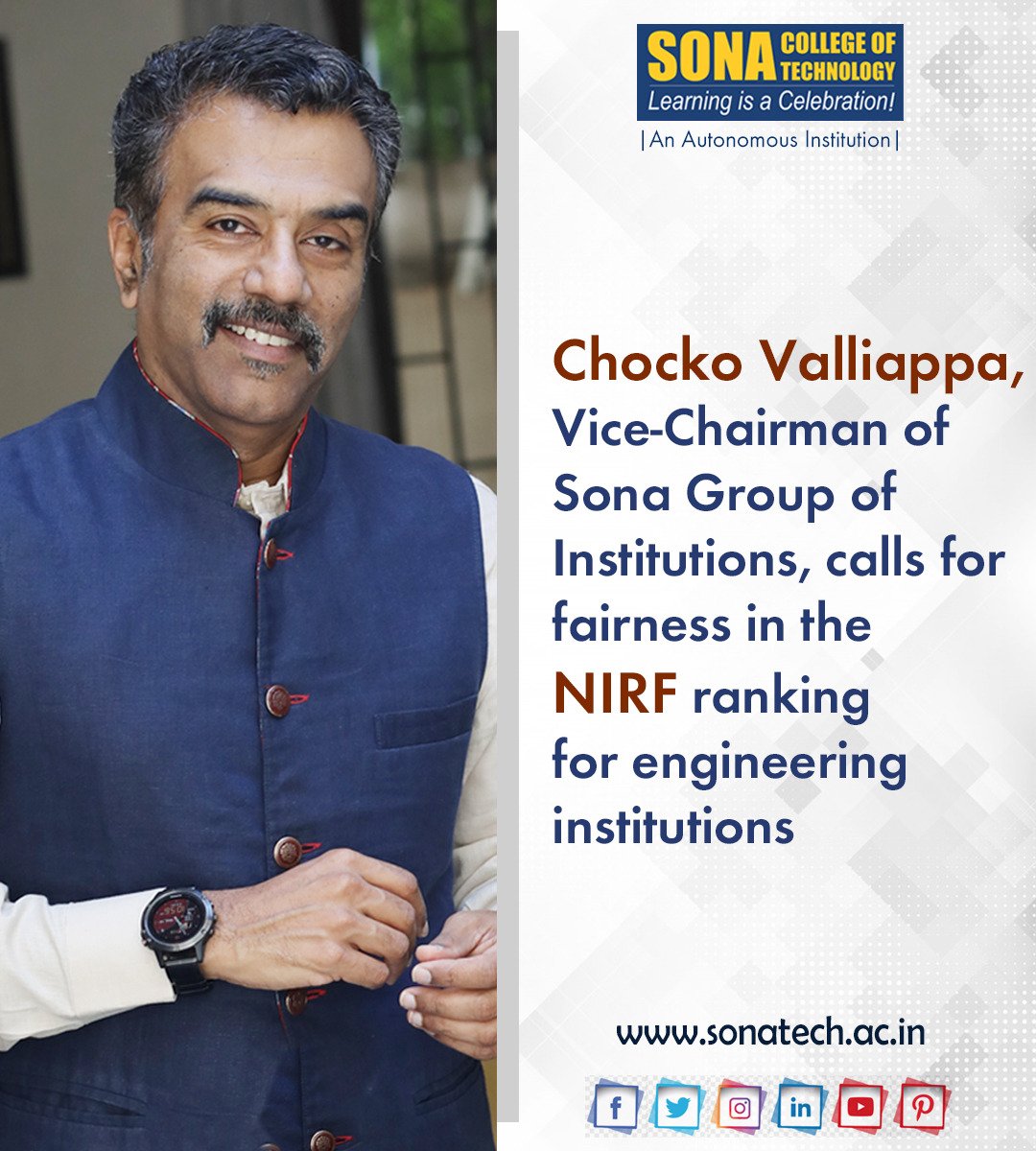 sonacollege's tweet photo. Chocko Valliappa calls for fairness in the NIRF ranking!
Chocko Valliappa,Vice-Chairman of Sona Group of Institutions has created a buzz with an article in d Business Line, “NIRF 2022: Engg #rankings need to be reworked.”
#chockovalliappa #nirf #sonatech
https://t.co/o98I6QFJDr https://t.co/WM94pE7qJc