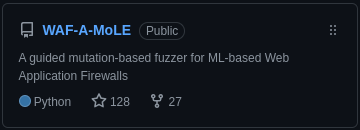 Andrea Valenza (@avalz_) on Twitter photo It's been a few years now, and WAF-A-MoLE is gaining momentum!🚀
Today it reached a great milestone, with a round number of stars!😁
\cc <a href="/zangobot/">Luca Demetrio</a>
#waf #Bypass #MachineLearning It's been a few years now, and WAF-A-MoLE is gaining momentum!🚀
Today it reached a great milestone, with a round number of stars!😁
\cc <a href="/zangobot/">Luca Demetrio</a>
#waf #Bypass #MachineLearning