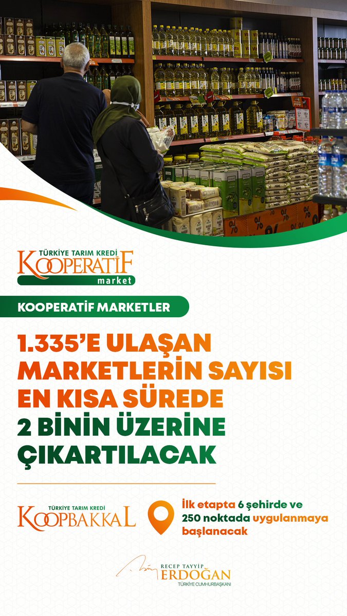 İlk etapta 6 şehrimizdeki 250 noktada uygulamaya başlayacağımız Koopbakkal Projesi’yle vatandaşlarımıza temel tüketim maddelerini bakkal formatındaki satış yerlerinde ulaştırmayı planlıyoruz.

Koopbakkalların da şimdiden ülkemize hayırlı olmasını diliyorum.