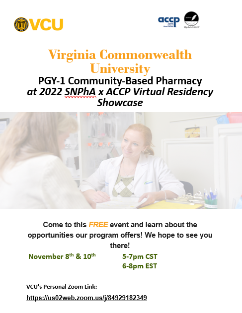VCU CPRP (@vcucprp) on Twitter photo Jumpstart your career in patient care! We are hosting two virtual open houses as part of <a href="/ACCP/">ACCP</a> <a href="/SNPhA/">SNPhA</a> Residency Showcase! <a href="/VCUPharmacy/">VCU School of Pharmacy</a> #alwaysvcucprp <a href="/umsop/">University of Maryland School of Pharmacy</a> <a href="/UNCPharmacy/">UNC Pharmacy</a> <a href="/UK_COP/">University of Kentucky College of Pharmacy</a> <a href="/UGAPharmacy/">UGA College of Pharmacy</a> <a href="/SamfordPharmacy/">Samford University's McWhorter School of Pharmacy</a> @UTPharmacy <a href="/NDMPharmacy/">NotreDame PharmD</a> @ETSUPharmacy #PharmRes Jumpstart your career in patient care! We are hosting two virtual open houses as part of <a href="/ACCP/">ACCP</a> <a href="/SNPhA/">SNPhA</a> Residency Showcase! <a href="/VCUPharmacy/">VCU School of Pharmacy</a> #alwaysvcucprp <a href="/umsop/">University of Maryland School of Pharmacy</a> <a href="/UNCPharmacy/">UNC Pharmacy</a> <a href="/UK_COP/">University of Kentucky College of Pharmacy</a> <a href="/UGAPharmacy/">UGA College of Pharmacy</a> <a href="/SamfordPharmacy/">Samford University's McWhorter School of Pharmacy</a> @UTPharmacy <a href="/NDMPharmacy/">NotreDame PharmD</a> @ETSUPharmacy #PharmRes