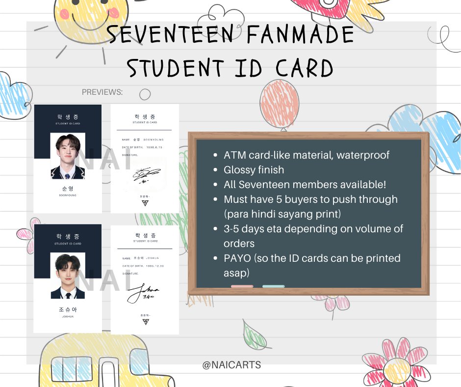 naicarts's tweet photo. [wts/ic] seventeen fanmade student id cards

🧾 80php ea, free pf
🧾 atm card-like quality, waterproof
🧾 will give bets in mnl confetti freebies to random buyers!
🧾 need 5 buyers to push thru!
🧾 dm me if sure buyer 🫶🏻

t. seventeen pc photocard fanmade merch https://t.co/VLWYbhvXOJ