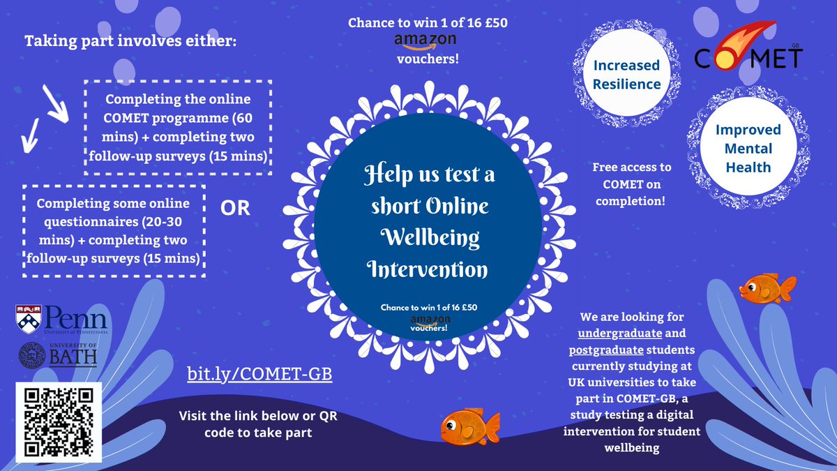 Our #mentalhealth intervention takes under an hour to complete and is designed to help improve your wellbeing and resilience! 💪 looking for UK-based #undergraduates and #postgraduates to take part: bit.ly/COMET-GB

#StudentLife #PhDLife #AcademicTwitter