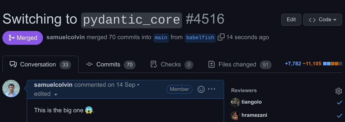 I'VE MERGED THE MONSTER.🚀 After 7 weeks work, +7,782 −11,105 changes; the main switch in @pydantic to use pydantic core is merged. It should now be much easier for others to contribute to the effort to get pydantic V2 out. 🙏 github.com/pydantic/pydan…