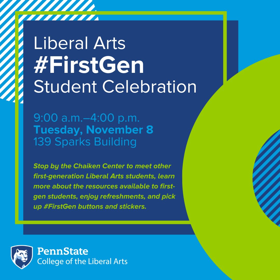 PSULiberalArts's tweet image. Get ready for our #PSUFirstGen events next week! 📅
🔹First-Gen Student Celebration: November 8, 9:00 a.m.–4:00 p.m.
🔹First-Gen Photos with the Dean: November 8, 10:30–11:00 a.m.
🔹Forging a First-Gen Future: November 10, 5:30 p.m.
@DeanLangPSU @PSU_Success @PSU_Undergrad