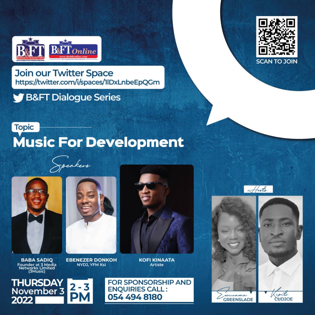 bftghana's tweet photo. Join the conversation on “Music  for Development “ this Thursday at 2pm on the B&amp;FT Twitter Space. Speakers are: 
@KinaataGh - Artiste
@sadiqabdulaiabu - Founder of 3Media
@nydjlive - @y1025fm
Other speakers include: @MTNGhana
Join via link, QR Code.
#BFTDialogueSeries https://t.co/ftw4vRRdQH