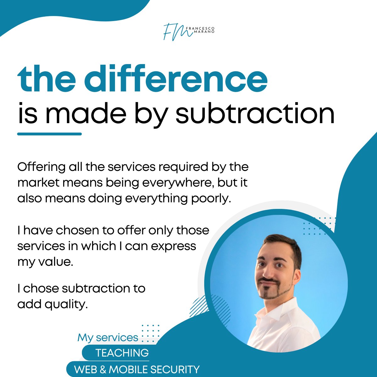 Many security companies offer any possible service to be more attractive.
I chose subtraction to add #quality.

What would you choose: quantity or quality?

#cybersecurity #penetrationtesting #pentesting #infosec #freelancer #offensivesecurity #securityservices #consulting