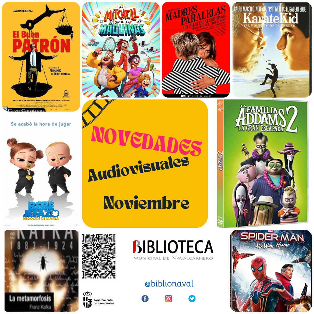 biblionaval's tweet photo. ¡¡¡#Noviembre ya está aquí!!! y las castañas🌰🌰, las hojas🍂🍁, las lluvias ☔️☔️ y… ¡¡¡Las novedades de @biblionaval!!!😍🥳🎬📚 Seguro que os gusta alguna 😜 #LecturasNoviembre #CineNoviembre #BibliotecasPublicas #Leeresunbuenplan #SofaLibroyManta #SofaPeliyManta https://t.co/foPOcjXCXP