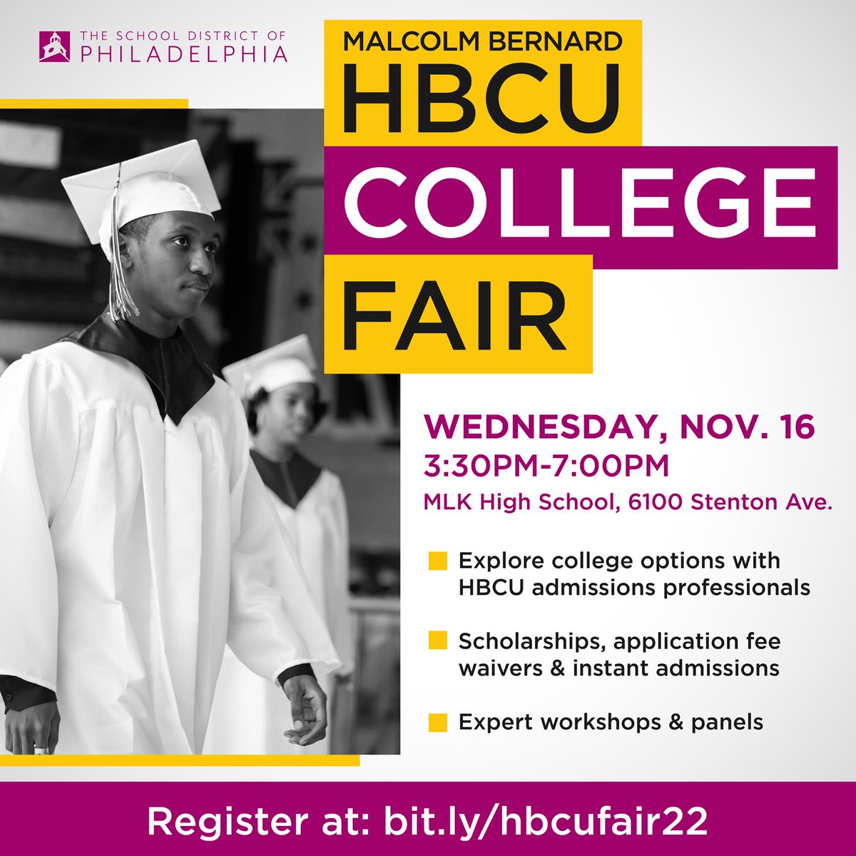 🎓 HBCU Virtual College Fair - Wednesday, November 16, 3:30PM-7PM
▶️  Explore college options with HBCU admissions professionals
▶️  Attend expert workshops &amp; panels
▶️  Receive scholarships, application fee waivers &amp; instant admissions!

REGISTER AT: bit.ly/hbcufair22