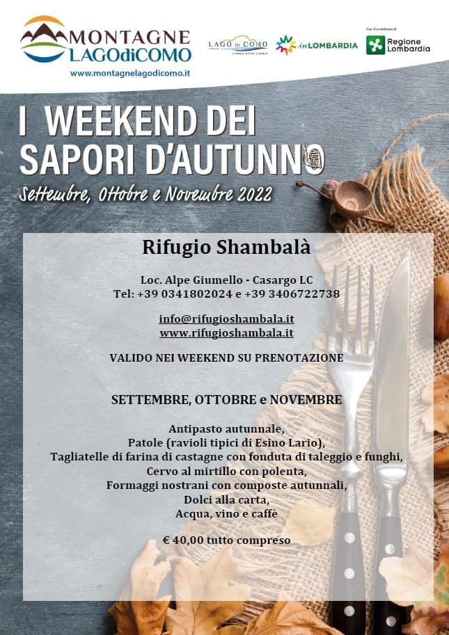 Scopri la proposta per I WEEKEND DEI SAPORI D'AUTUNNO 2022 del Rifugio Shambalà all'Alpe Giumello 
Clicca qui montagnelagodicomo.it 
🛏Scopri anche le offerte per il pernottamento 🍁🍄🍂
#lakecomo #lagodicomo #montagnelagodicomo
#lecco #como #valsassina #comolake #inlombardia