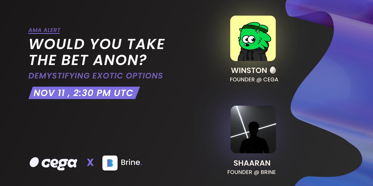 tanXfinance's tweet photo. So excited to announce our upcoming AMA with @zhangwins from @cega_fi 🔥

Let’s find out whether @Shaaran5 and the #Brinerds are ready to take on the bet 👀

Block your calendars for this session as it’s going to be a pretty exciting one 🦾

AMA link in thread🧵 

1/2 https://t.co/DbfHDenxEj