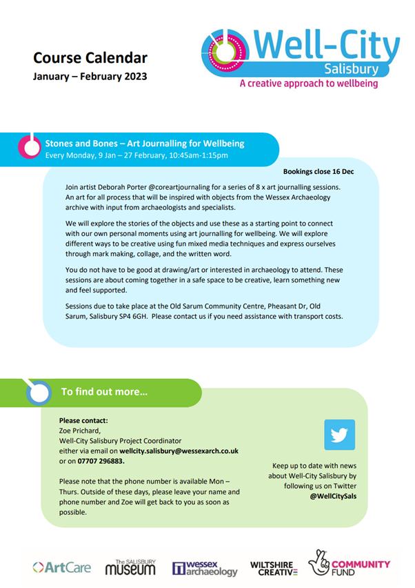 📢New courses for winter! Places still available for our free winter course starting in January. Join us with artist @Coreartjournal for art journalling sessions with input from archaeologists and specialists from <a href="/wessexarch/">Wessex Archaeology</a> 

Full details can be found below. #creativewellbeing
