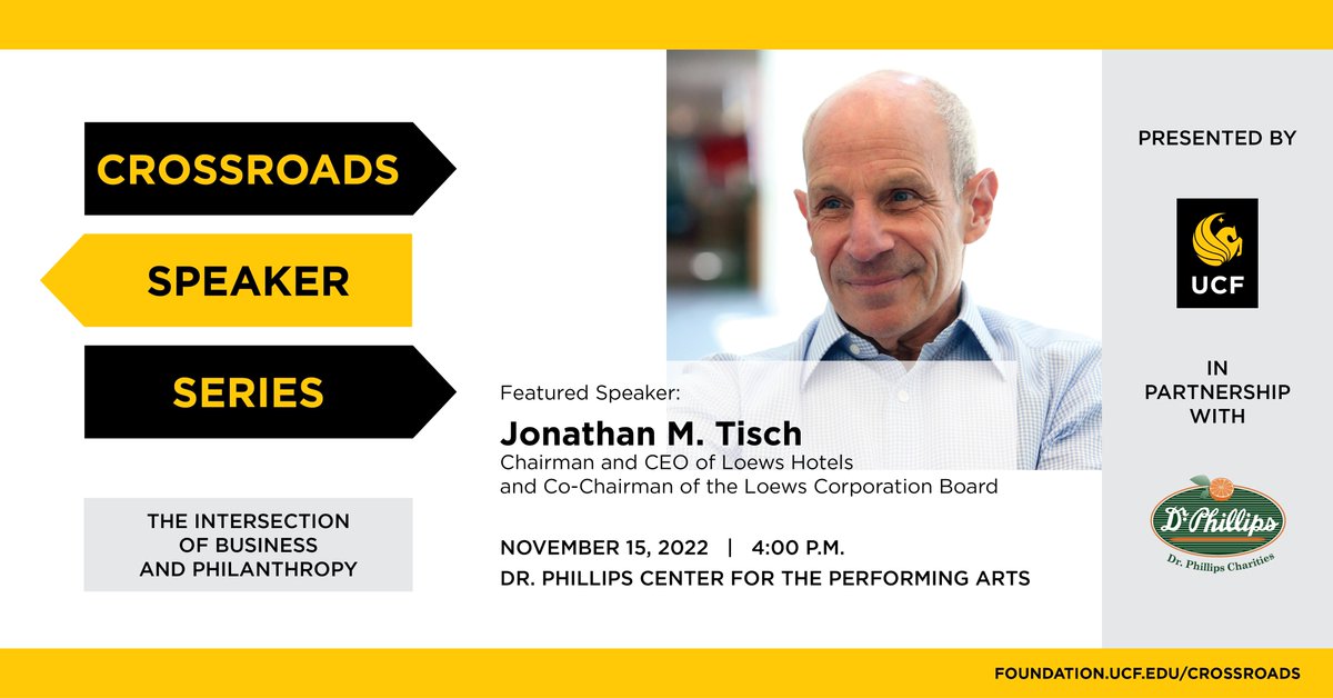 UCFGov's tweet photo. Please join us to hear Jonathan Tisch, chairman &amp; CEO of @Loews_Hotels, co-chairman of the board for the Loews Corporation, &amp; co-owner of the @Giants:

🗓️Tuesday, November 15 
⏰4 - 5 p.m. 
🏦@DrPhillipsCtr

Reserve your complimentary seat today 👉https://t.co/8qqfi2GXhu https://t.co/EOnn2PzSoa