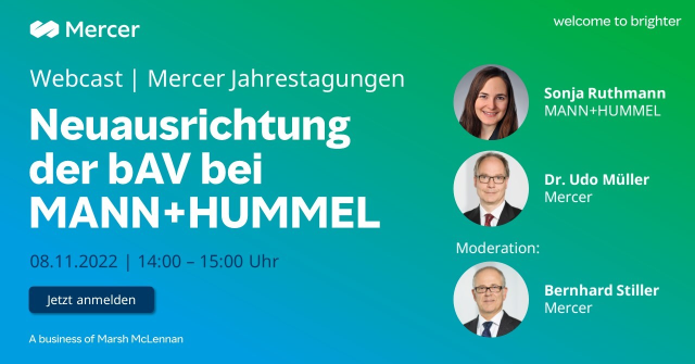 Über die Gestaltung und Einführung einer modernen, marktgerechten und kapitalmarktorientierten #Altersversorgung bei MANN+HUMMEL sprechen wir mit Sonja Ruthmann und Dr. Udo Müller. Melden Sie sich jetzt zum Webcast am 8.11. an. #wealth bit.ly/3TZspWC