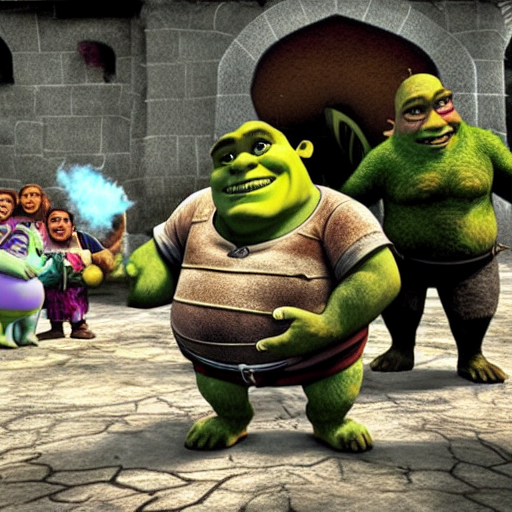 Alex_TIIP's tweet photo. playing around with @DreamStudioAI and I used a few lines of the Shrek script as a prompt: "Allstar - by Smashmouth begins to play. Shrek goes about his
day. While in a nearby town, the villagers get together to
go after the ogre." https://t.co/XriYX6t8l1