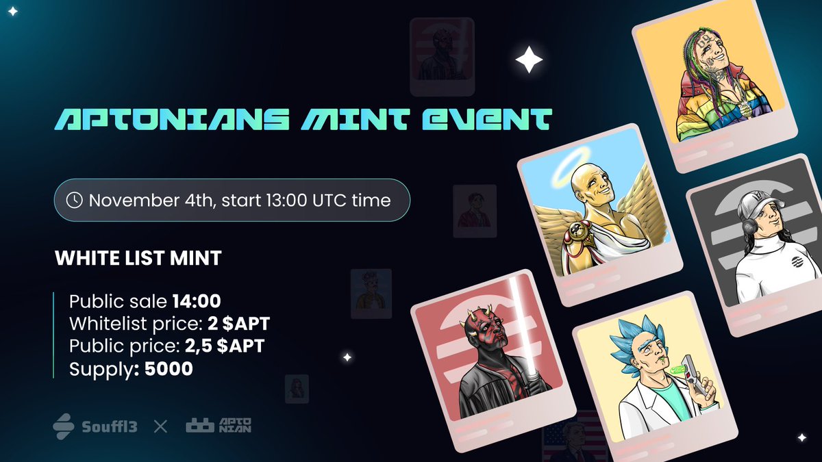 #Aptonians 🪬❤️‍🔥
Happy to finally announce mint details:

📣
MINT Date - 04 Nov 2022
Launchpad - <a href="/nft_souffl3/">Souffl3 🫐</a> @souffl3launch 
Supply - 5000 NFTs
WL Price - 2 $APT 
Public Sale - 2.5 $APT
#LFM Aptonians Nation❤️‍🔥🔥🪬
#AptosEcosystem