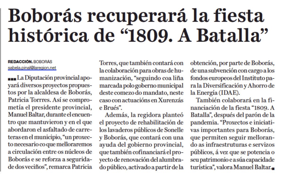 🗞 <a href="/LaRegion/">La Región</a> 
<a href="/ConcelloBoboras/">Concello de Boborás</a> recuperará la fiesta histórica de “1809. A Batalla”
La Diputación provincial apoyará diversos proyectos propuestos por la alcaldesa de Boborás, @PatriciaBoboras a <a href="/ManuelBaltar/">Manuel Baltar</a> 
laregion.es/articulo/o-car…