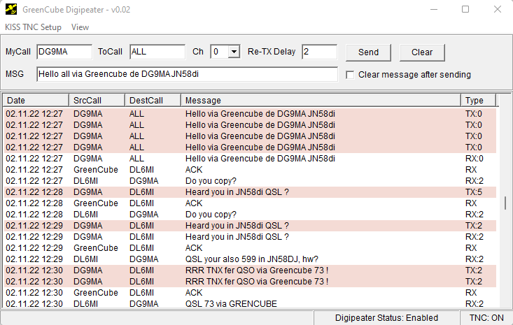 Thanks to <a href="/Dl6Mi/">DL6MI</a> for our first QSO via #Greencube 🛰️ at 11:30utc. Heard also <a href="/eb1ao/">Eb1ao 🇺🇦</a> and @kd8cao Looking forward to more contacts via this great Digipeater in MEO at 5800km. Thanks <a href="/S5Lab/">S5Lab</a> Greentube team for activating the Digipeater and uz7ho for the Digi software!👍