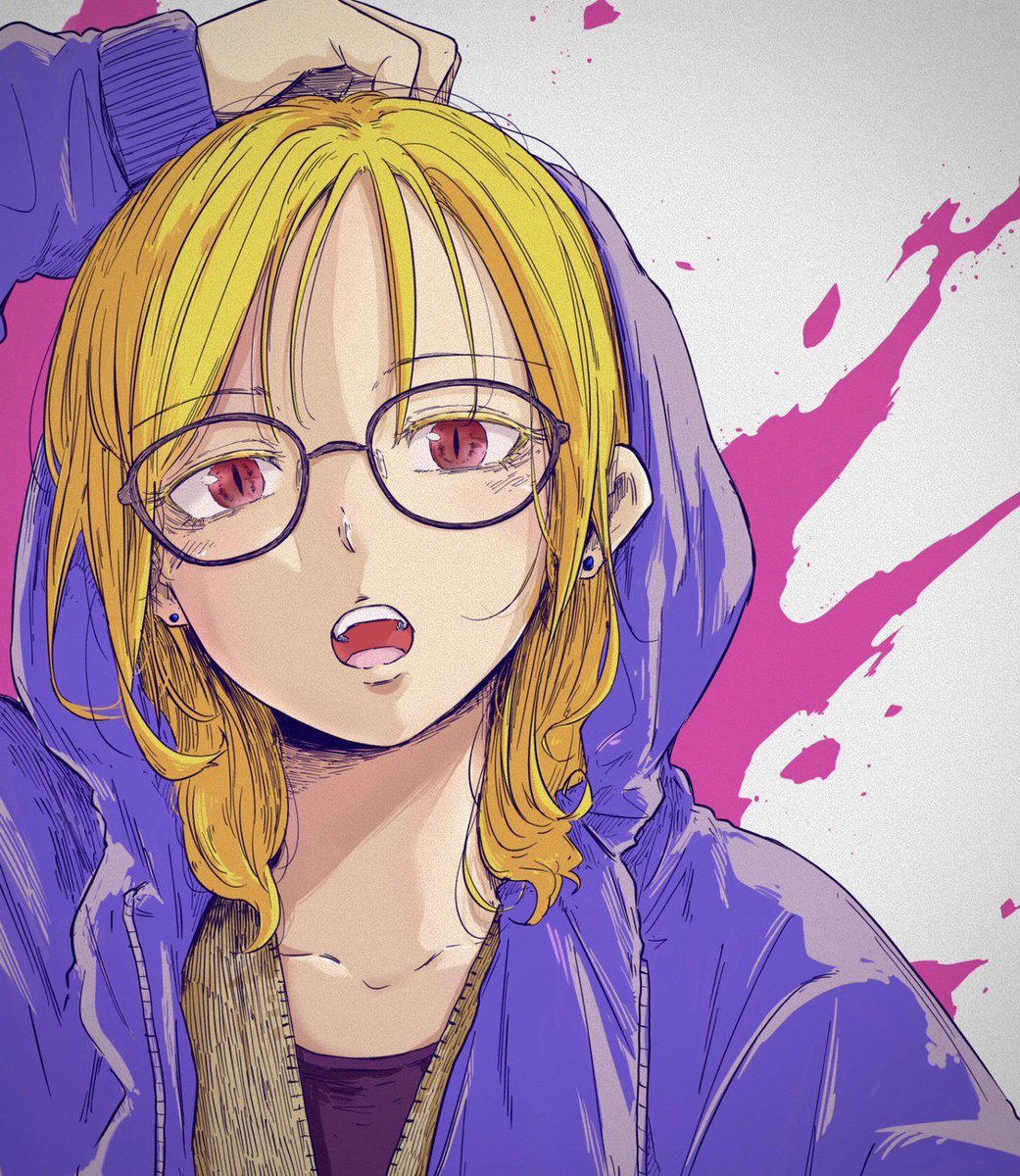 1girl solo blonde hair hood glasses red eyes jewelry  illustration images