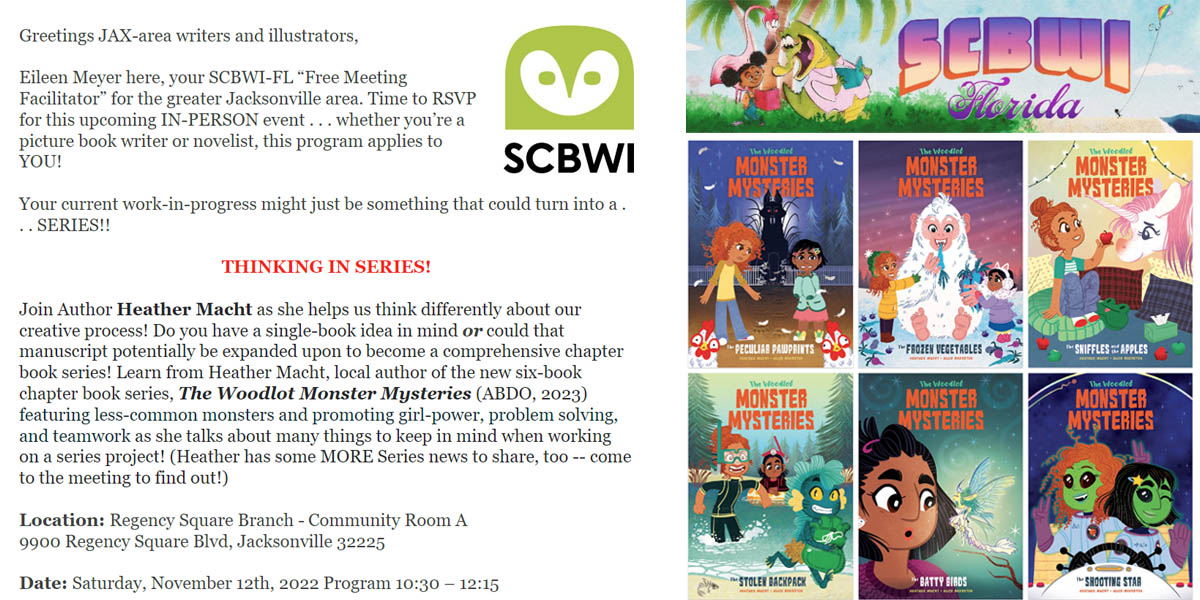 AuthorHMacht's tweet photo. 🗣️Attn Jacksonville, FL (&amp; surrounding areas) #KidLit #Writers: Interested in learning about writing a series? 

I'll be at the Regency Public Library next Saturday, 11/12, discussing my 6-book series with @ABDOpublishing. Join us for a fun and FREE event hosted by the #SCBWI!📚 https://t.co/jPP2HG2rkX